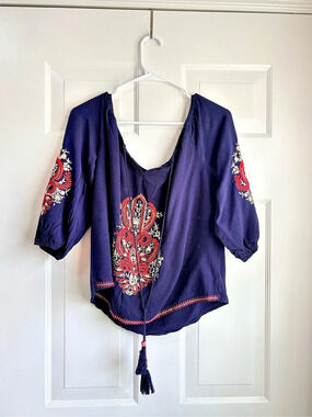 Luna Moon Boho Embroidered Navy Blouse Purple Size Large